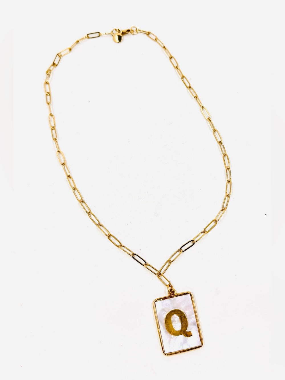 Mayamar 24k Gold Dipped Letter Q Pendant W/Mother-of-Pearl Paperclip Chain NWOT